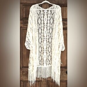 Blue Rain Francesca’s Lace Fringe Duster Kimono Boho Festival Open Front